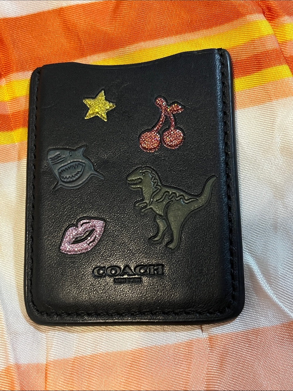 Coach Black Leather Card & Key Holder with Colorful Glitter Patches